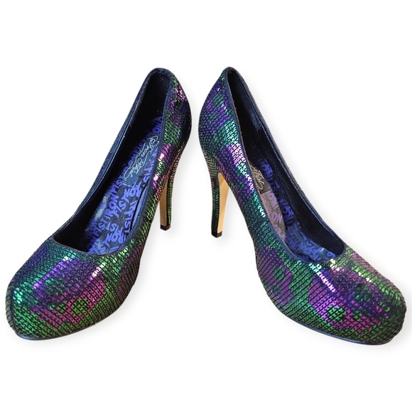 πβ¨ Iron Fist Digiskull Platform Pumps β Green & Purple Sequin | Size 38 (US 7.5 - Picture 4 of 14
